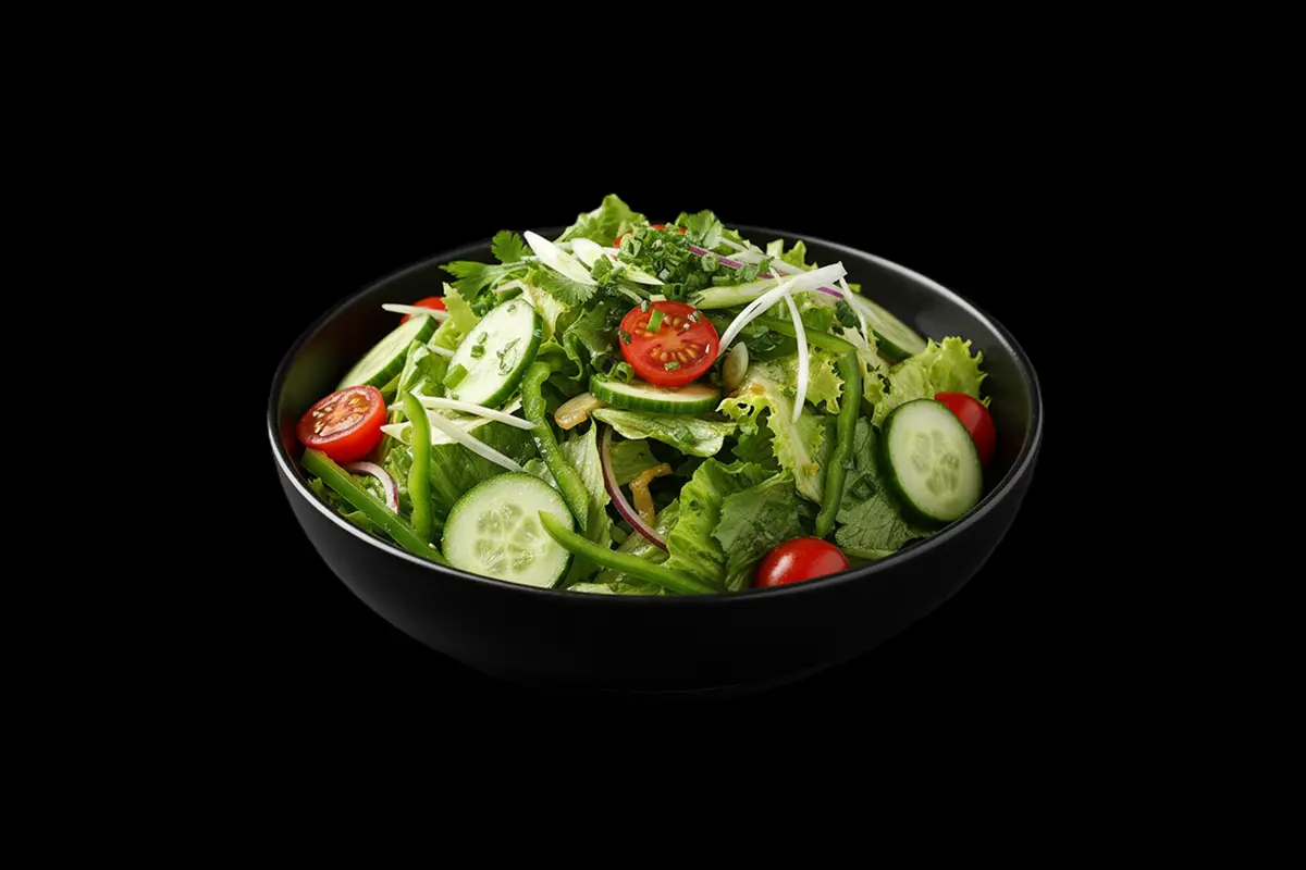 Green Salad — Fresh salad with lettuce, cucumber, tomatoes, and onions, GB Canteen Buckhurst Hill