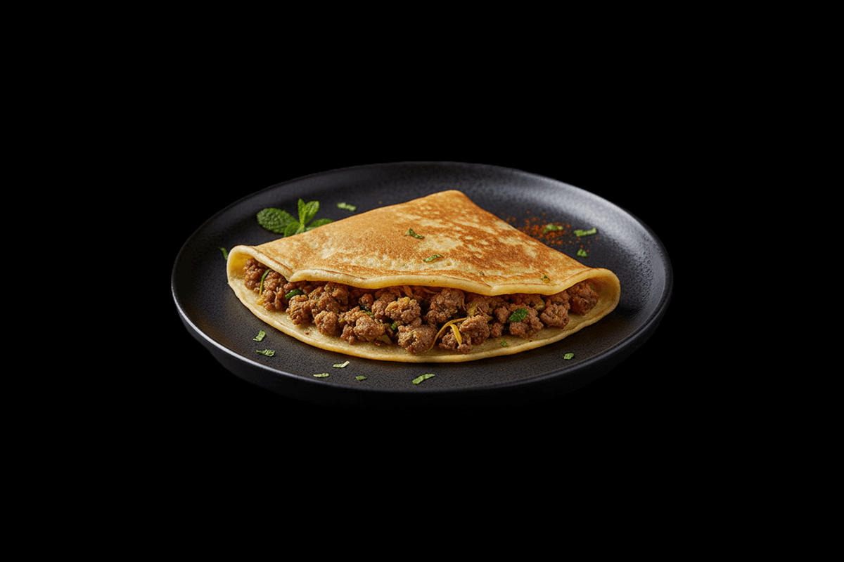 Kebab Muhibari — Pancake stuffed with delicious spiced lamb cooked to our Chef’s own recipe, GB Canteen Buckhurst Hill