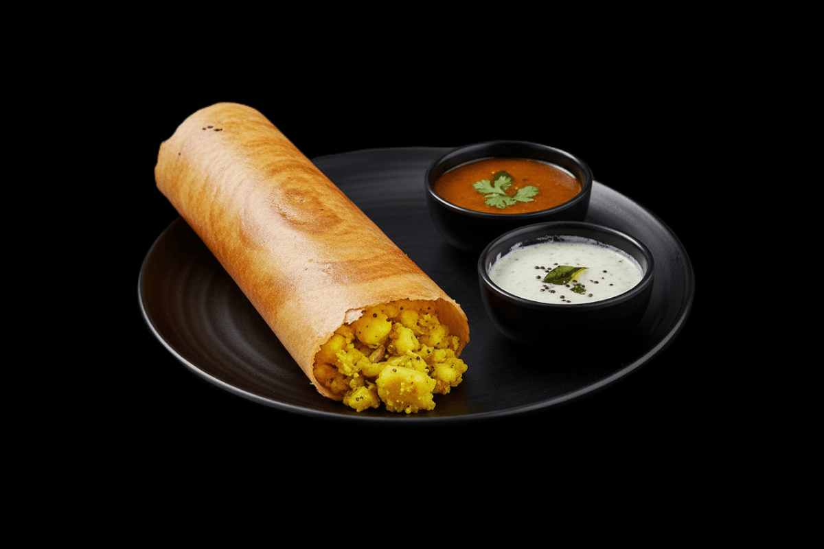 Masala Dosa — Thin crepe from fermented lentil and rice batter, served with sambar and three chutneys. Vegan, GB Canteen Maid