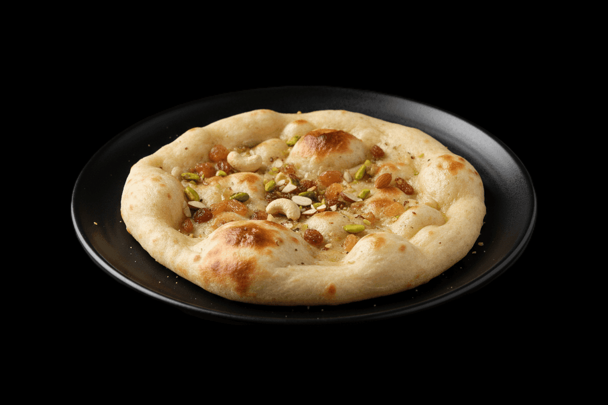 Peshawari Naan — Leavened bread, stuffed with a luscious mix of nuts, raisins and desiccated coconut. Baked to a light crunch