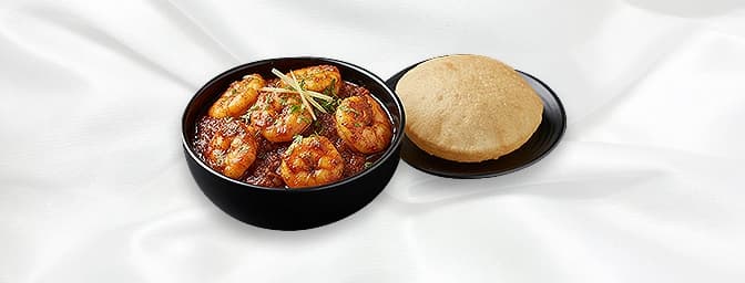 King Prawn Puree — Succulent king prawns, spiced and served on fried unleavened bread, GB Canteen Chingford