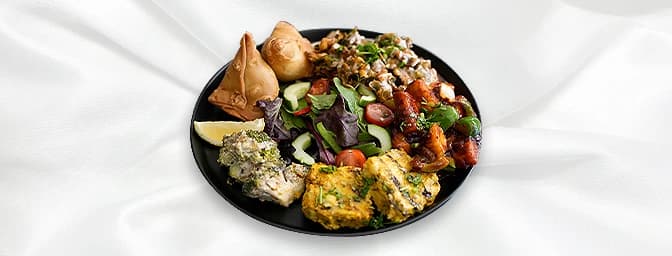 Vegetable Platter — Samosa, Onion Bhajee, Mogo, Spring Roll, GB Canteen Watford
