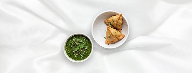 Chicken Kheema Samosa — Spiced Minced chicken in a crisp filo pastry, deep fried. 3 pieces in a portion, GB Canteen Marble Ar