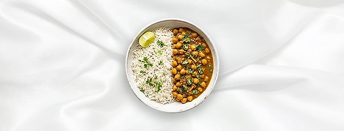 Chana Masala Rice Bowl — A vibrant, protein-packed duo featuring traditional Punjabi-style chickpeas slow-cooked with aromati