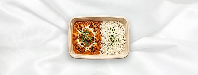 Chicken Tikka masala Rice bowl taster — Enjoy a boutique portion of our iconic grilled chicken, bathed in a thick, spicy, and