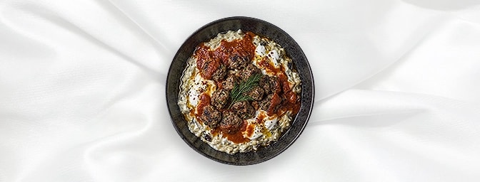 Ali Nazik — Chargrilled Aubergine Mixed With Yoghurt And Garlic. Topped With Minced Lamb And Butter Sauce, GB Canteen Hitchin
