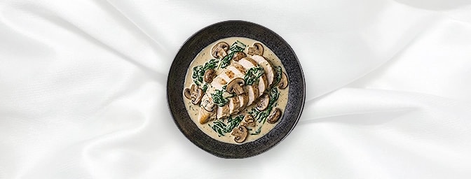 Chicken Princess — Breast Of Supreme Chicken Fillet Cooked In A Creamy White Wine Sauce, Spinach And Mushrooms, GB Canteen Hi