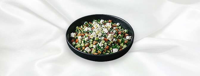 Feta Cheese Salad V — Finely Diced Cucumber, Tomato, Parsley Topped With Feta Cheese, Olive Oil And Lemon Dressing, GB Cantee