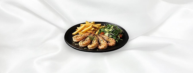 King Prawn Gf — Six Tiger Prawns Grilled & Served With Chips And Salad, GB Canteen Hitchin