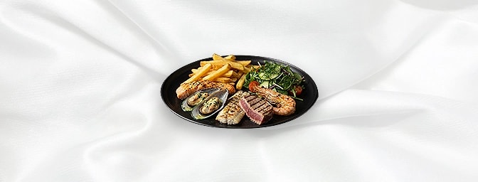 Mixed Seafood Fish Gf — Salmon, Mussels, Seabass, Tuna & Tiger Prawn Grilled Served With Chips And Fresh Salad, GB Canteen Hi