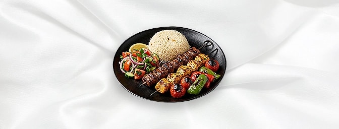 Mixed Shish — Skewer Of Lamb Shish & Skewer Of Chicken, Grilled Tomatoes & Grilled Peppers Served With Rice & Salad, GB Cante