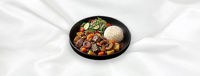 Osmanli Saray Yahnisi — Traditional 600 Year Old Recipe. Marinated Cubed Lamb, Shallots, Almonds, Apricot, Fried Fig, Carrots