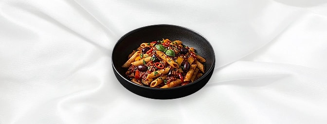 Penne Arrabiata V — Penne Pasta With Tomato Sauce, Mix Peppers, Aubergine, Olives & Chillis, GB Canteen Hitchin
