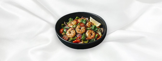 Prawn Tava Gf — Sauteed King Prawns With Mix Vegetables, Lemon, Garlic And Herbs, GB Canteen Hitchin