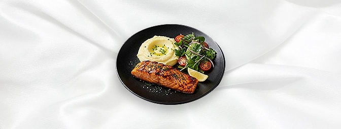 Salmon — Marinated Fresh Salmon Grilled And Served With Mash Potato And Salad, GB Canteen Hitchin