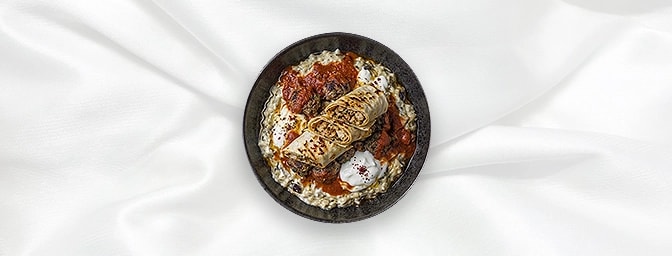Sarma Chicken Beyti — Specially Prepared Minced Chicken And Herbs On A Skewer, Chargrilled And Wrapped In Thin Homemade Bread