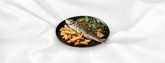 Seabass Gf — Grilled Fresh Seabass Served With Chips And Salad, GB Canteen Hitchin