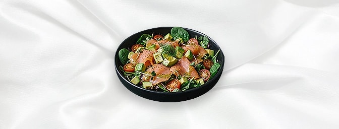 Smoked Salmon & Avocado Salad Gf — Avocado, Smoked Salmon Cherry Tomato And Special Salad Sauce, GB Canteen Hitchin
