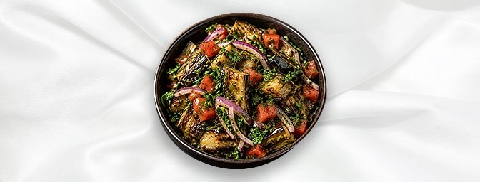 Al Rahib — Grilled aubergine with tomato, onion, parsley & mint, lemon & olive oil dressing, GB Canteen Lebanese Barnes