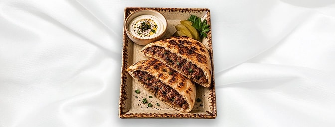 Arayes A — Seasoned minced lamb & grilled in pita bread, GB Canteen Lebanese Barnes