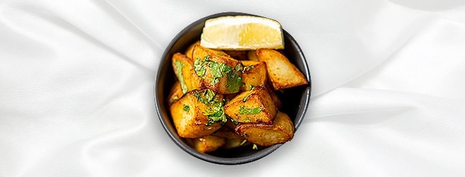 Batata Harrah — Diced potatoes fried with garlic, coriander and chillies, GB Canteen Lebanese Barnes