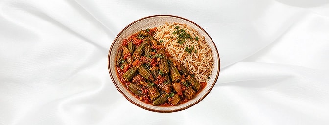 Bemieh A — okra ,garlic, onions cooked in tomato sauce, served with vermicelli rice, GB Canteen Lebanese Barnes