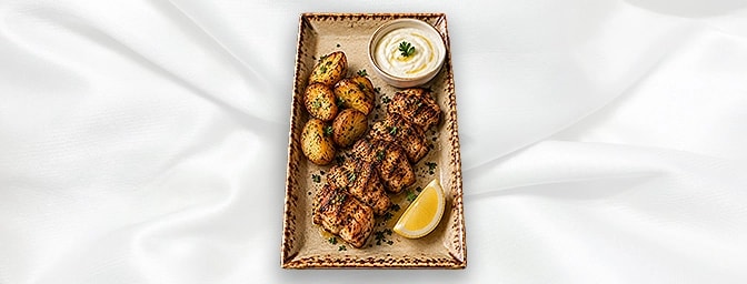 Boneless chicken — Grilled, served with roasted new potatoes & garlic sauce, GB Canteen Lebanese Barnes