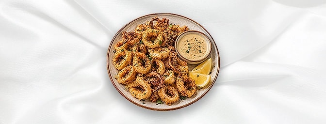 Calamar Mekli A — Deep fried squid with a sesame & lemon dip, GB Canteen Lebanese Barnes