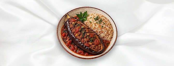 Cheick El Mehchi A N — Stu ed aubergine with minced lamb and onion and tomato sauce, served with vermicelli rice, GB Canteen