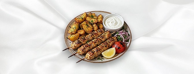 Chicken kafta — minced chicken, garlic and coriander served with potatoes & garlic dip, GB Canteen Lebanese Barnes
