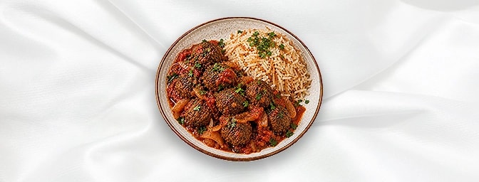 Daoud Bacha A N — Minced lamb balls, with onions, tomato sauce, served with vermicelli rice, GB Canteen Lebanese Barnes
