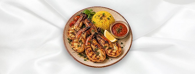 Jumbo Shrimps A — Grilled, served with sa ron rice and mildly spiced tomato sauce, GB Canteen Lebanese Barnes