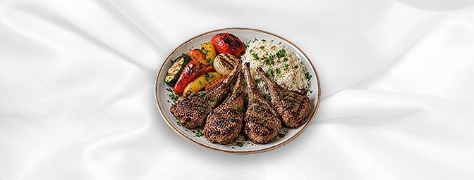 Kastaleta — 4 pieces of lamb cutlets served with mixed vegetables & ric, GB Canteen Lebanese Barnes
