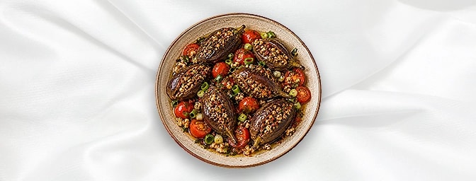 Makdouse N — Baby aubergines lled with walnuts & spices, tossed with cherry tomatoes and spring onions, GB Canteen Lebanese B