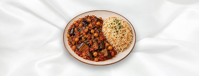 Mousakaa A — Aubergines, onions, chickpeas, cooked in tomato sauce served with vermicelli rice, GB Canteen Lebanese Barnes