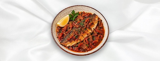 Samke Harra N — Sea bass llet with spicy tomato sauce, GB Canteen Lebanese Barnes
