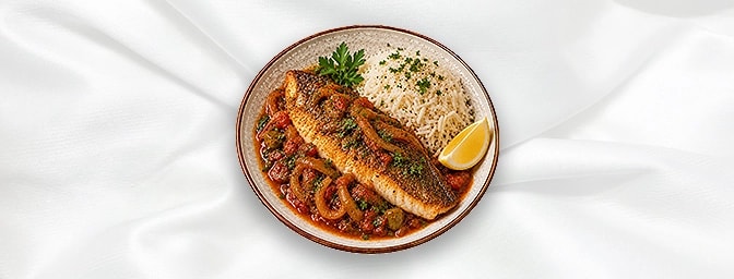 Sea Bass Fillet A — Roasted with onion tajine sauce served with white rice, GB Canteen Lebanese Barnes