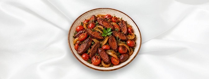 Soujouk — Pan fried homemade Lebanese spicy lamb sausages with cherry tomatoes, GB Canteen Lebanese Barnes