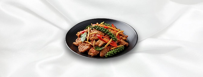 Chilli Lamb — Stir-fried lamb with red curry paste, green peppercorns & Thai basil, GB Canteen Petts Wood Thai