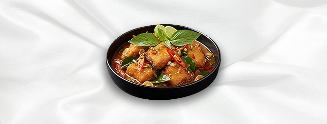 Crispy Sea Bass with Thai Herbs — Deep-fried sea bass topped with Thai herb sauce, GB Canteen Petts Wood Thai
