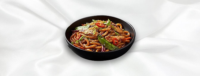 Chilli Udon Fusion Chicken Noodles — Thai-style udon noodles with seasonal vegetables & fresh chillies, GB Canteen Swanley Th