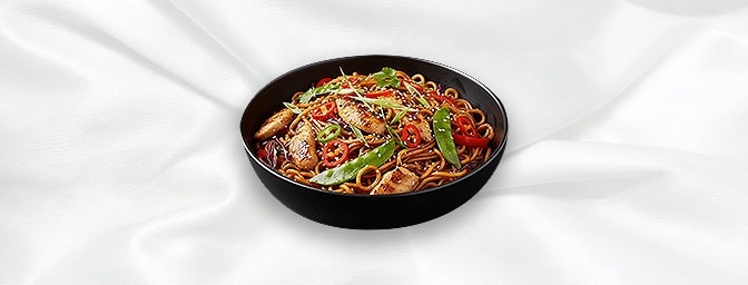 Chilli Yaki Soba Fusion Chicken Noodles — Thai-style yaki soba noodles with seasonal vegetables & fresh chillies, GB Canteen