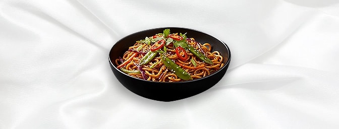 Chilli Yaki Soba Fusion Veg Noodles — Thai-style yaki soba noodles with seasonal vegetables & fresh chillies, GB Canteen Swan