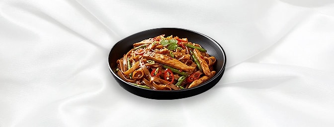 Drunken Chicken Noodles — Spicy stir-fried flat noodles with chilli, long beans & vegetables, GB Canteen Swanley Thai