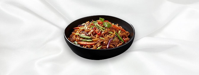 Drunken Veg Noodles — Spicy stir-fried flat noodles with chilli, long beans & vegetables, GB Canteen Swanley Thai