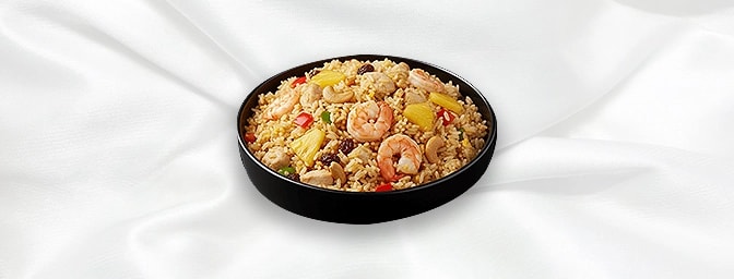 Khao Pad Sapparod — Pineapple fried rice with prawn, egg & roasted cashew nuts, served in pineapple bowl, GB Canteen Swanley