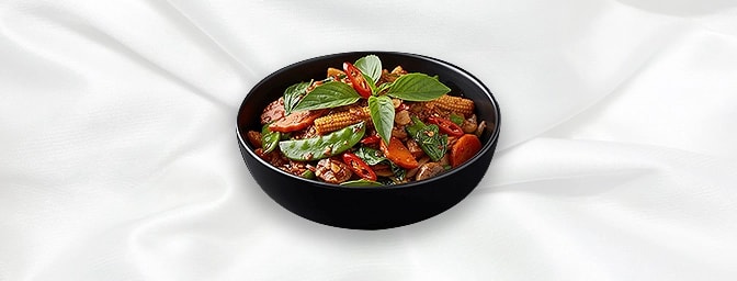 Pad Krapraw — Stir-fried with holy basil, garlic, fresh chilli, onions, peppers & green beans, GB Canteen Petts Wood Thai