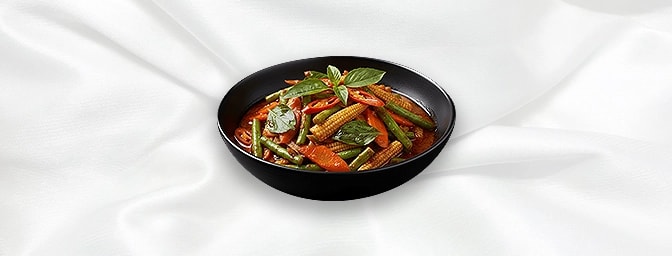 Pad Ped Spicy Veg — Stir-fried curry with fresh chillies, fine beans & holy basil, GB Canteen Swanley Thai