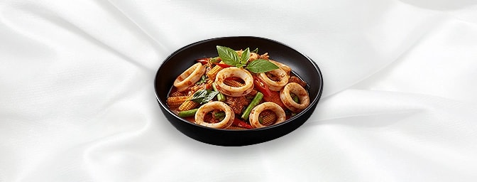 Plamuk Phad Ped — Stir-fried squid with red curry paste, Thai vegetables & holy basil, GB Canteen Swanley Thai