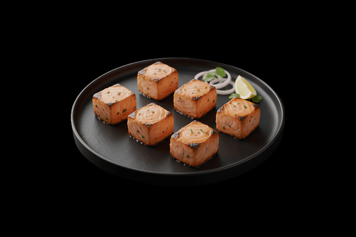 Salmon Tikka — Char-grilled Scottish salmon with lemon juice, ginger and carom seeds, GB Canteen Buckhurst Hill